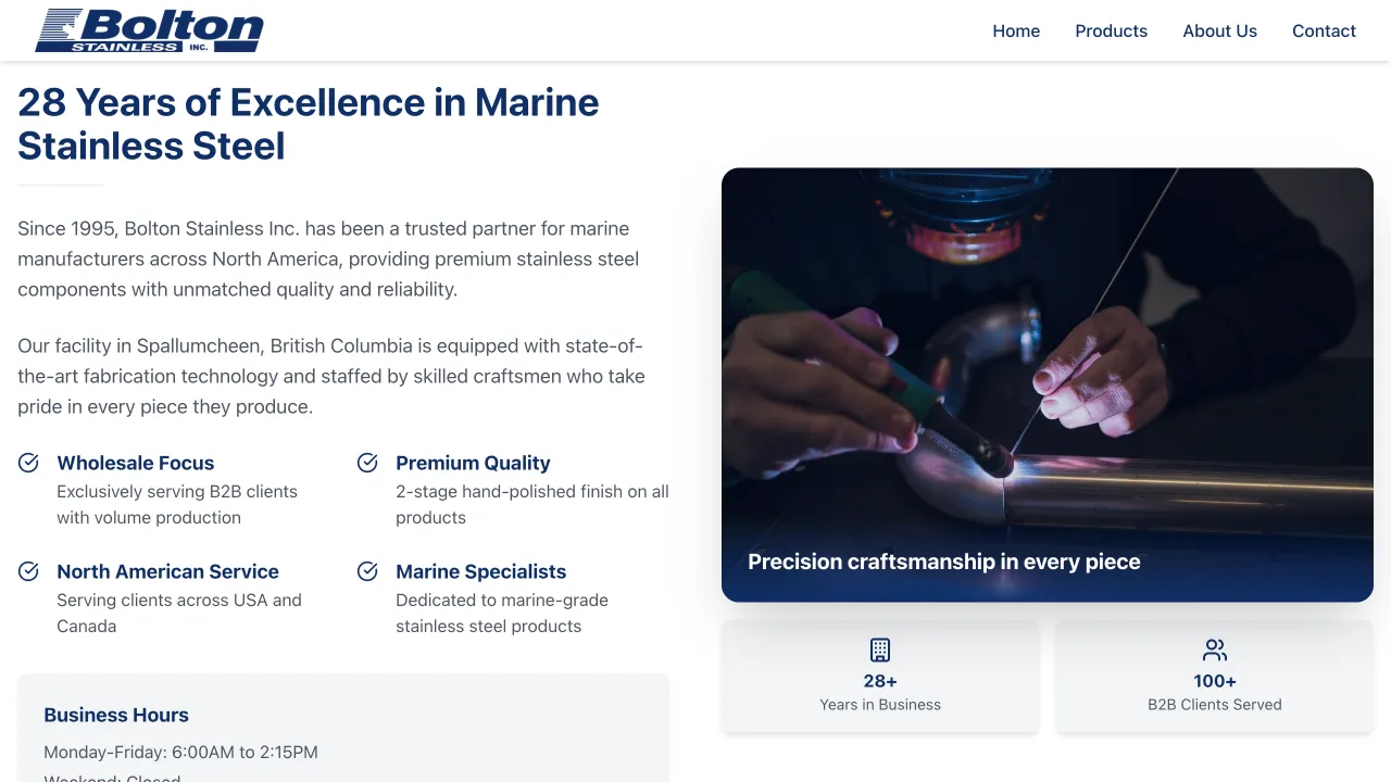 Bolton Stainless Website Design Screenshot 1 - Manufacturing Portfolio - TheBomb® Digital Marketing Services Across Canada Bolton Stainless - Bolton Stainless Website Screenshot 1 - Professional Web Design Portfolio by TheBomb® Digital Marketing in Toronto, Vancouver, Calgary, Ottawa, Montreal, Kelowna, Canada