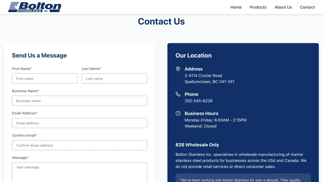 Bolton Stainless Website Design Screenshot 3 - Manufacturing Portfolio - TheBomb® Digital Marketing Services Across Canada Bolton Stainless - Bolton Stainless Website Screenshot 3 - Professional Web Design Portfolio by TheBomb® Digital Marketing in Toronto, Vancouver, Calgary, Ottawa, Montreal, Kelowna, Canada