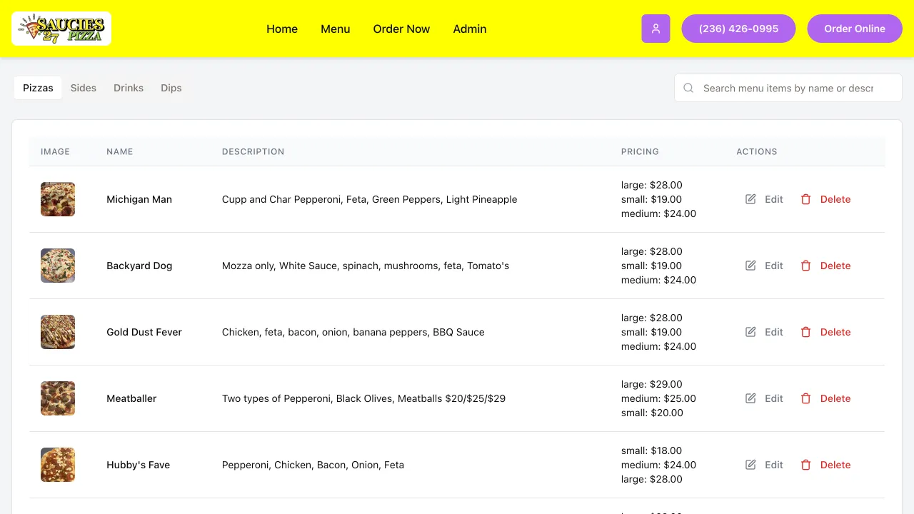 Online Pizza Ordering Platform Website Design Screenshot 1 - Food & Delivery Portfolio - TheBomb® Digital Marketing Services Across Canada Online Pizza Ordering Platform - Saucies27 Pizza Website Screenshot 1 - Professional Web Design Portfolio by TheBomb® Digital Marketing in Toronto, Vancouver, Calgary, Ottawa, Montreal, Kelowna, Canada